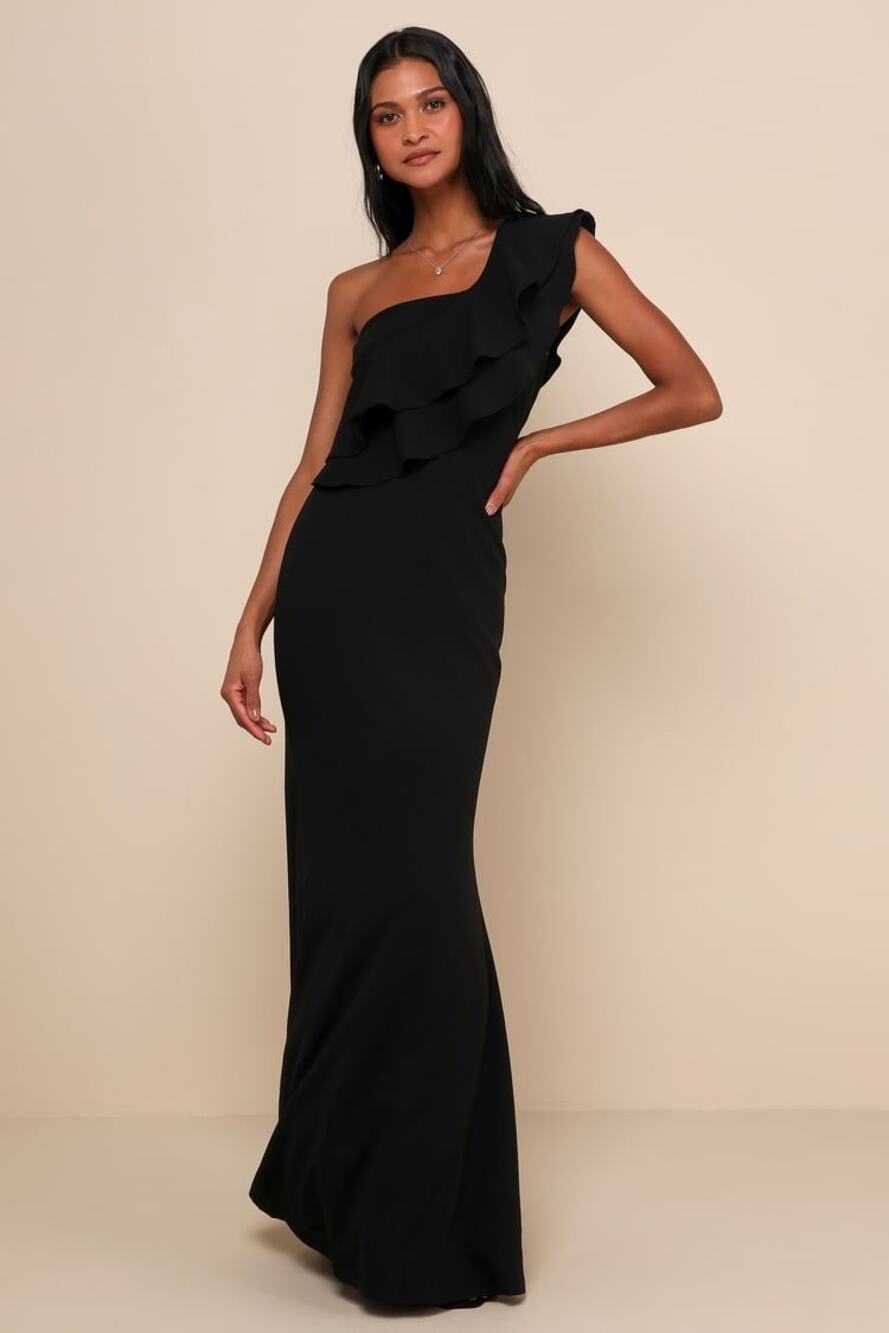 NWT Lulus Grand Beauty Black Ruffled One-Shoulder Mermaid Maxi Dress Goth Size L